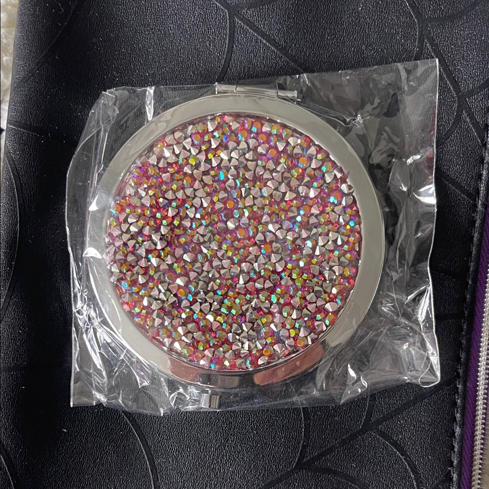 Rhinestone Compact Mirror, double mirror. Silvertone. New in package.